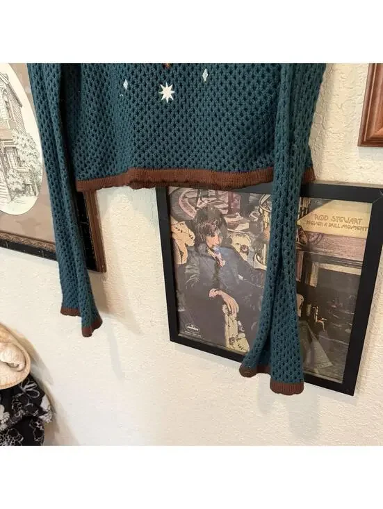 Earthbound Trading Celestial Open Knit Sweater Green Large Hippie Boho Cropped - Picture 4 of 6